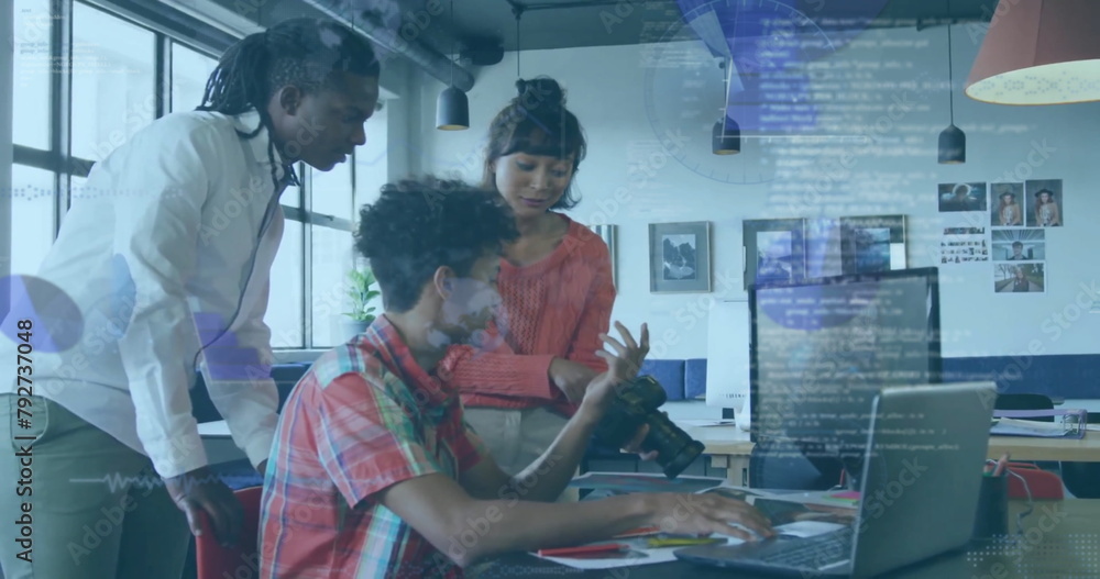 Poster image of data processing over diverse colleagues discussing work in office