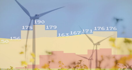 Fototapeta premium Image of data processing and diagrams over flag of ukraine and wind turbines