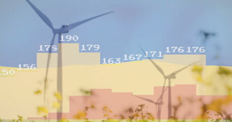 Image of data processing and diagrams over flag of ukraine and wind turbines