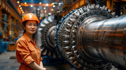 A woman in work clothes stands in front of a gas turbine. She wears a helmet and is an engineer. Concept of engineering woman, industry and hard work.