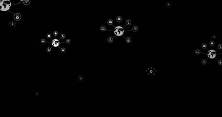 Image of floating connected icons on black background, copy space