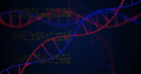 Image of dna strands over moving columns on black background