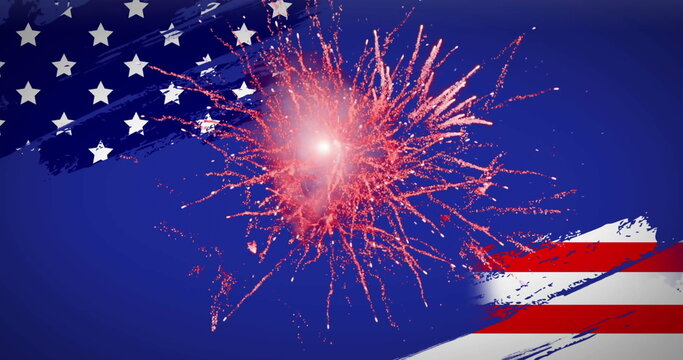 Image of flag of usa with fireworks on blue background