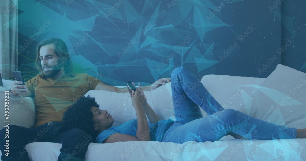 Aufkleber image of data processing with shapes over diverse couple using smartphones