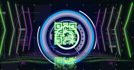Image of qr code over scope scanning and data processing on black background