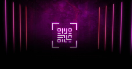 Image of qr code over neon shapes on purple background