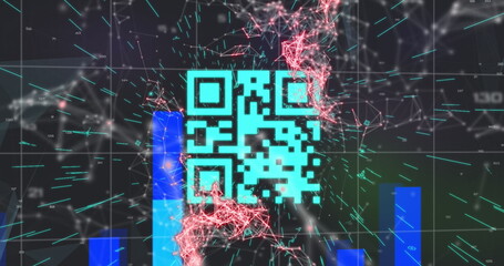 Image of qr code over network of connections on black background