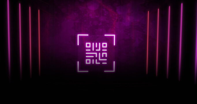 Image of qr code over neon shapes on purple background