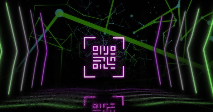 Image of qr code over neon shapes and network of connections on black background - Powered by Adobe