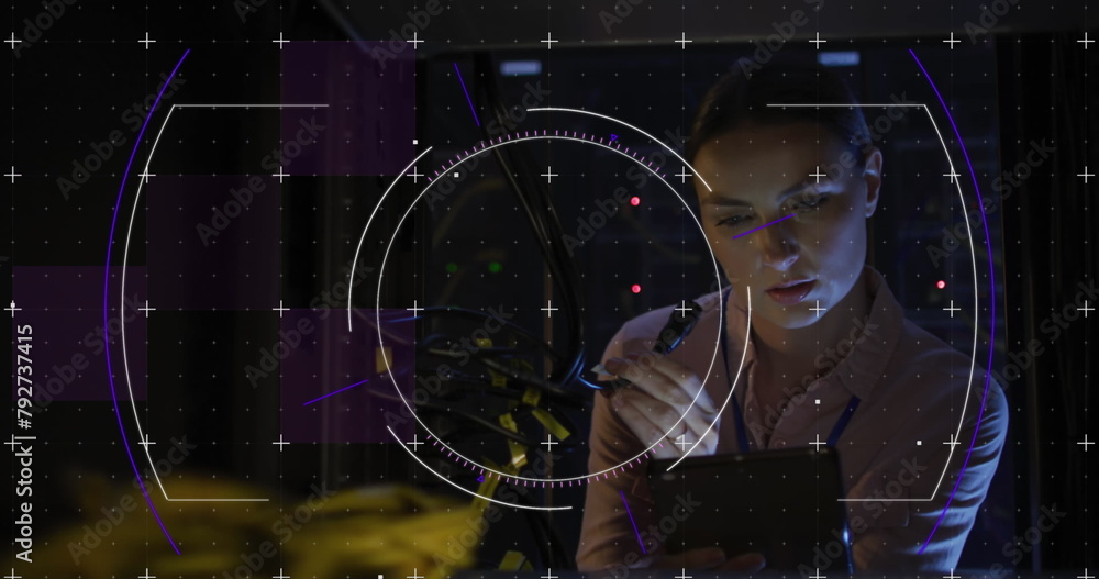 Poster image of scope over caucasian female it engineer with tablet by computer server