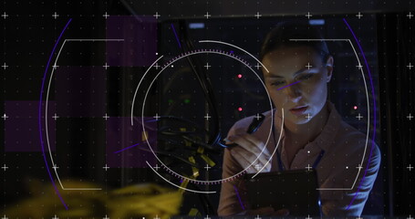 Image of scope over caucasian female it engineer with tablet by computer server