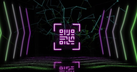 Image of qr code over neon shapes and network of connections on black background