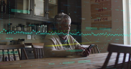 Image of financial data processing over senior biracial woman using smartphone