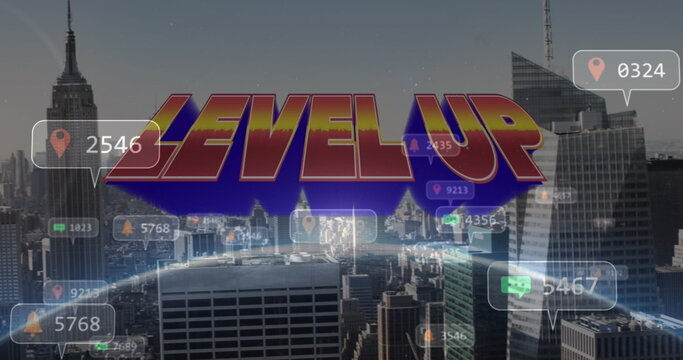 Image of level up and social media reactions over cityscape - Powered by Adobe