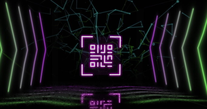 Image of qr code over neon shapes and network of connections on black background