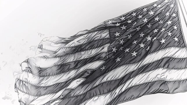 A monochrome pencil sketch showing the intricate details of the American flag waving, symbolizing patriotism and history