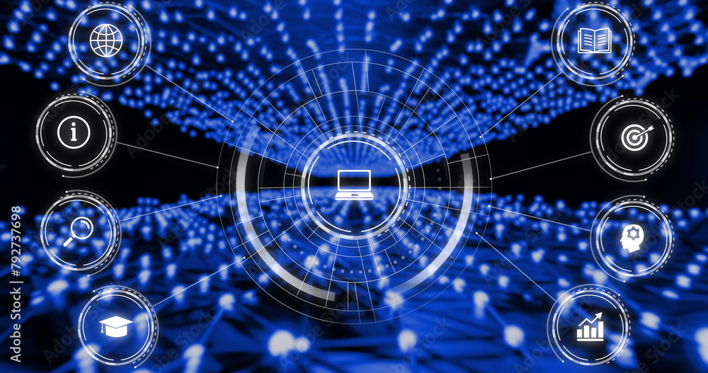 Poster image of network of digital computer icon over blue glowing network on dark background