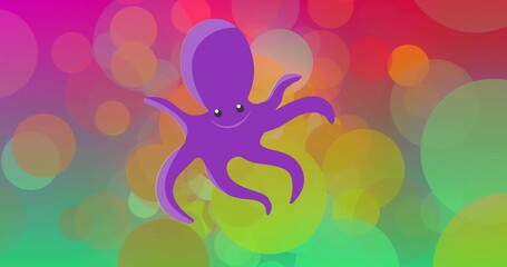 Image of happy octopus over colourful spots on colourful background