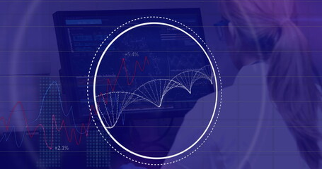 Image of data processing and dna strand over caucasian woman using computer