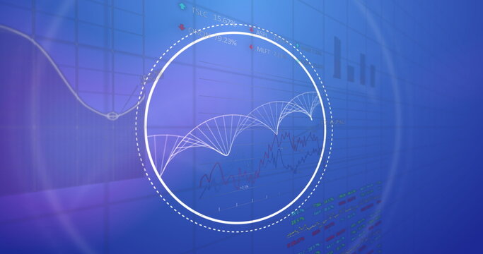 Image of data processing and dna strand over blue background
