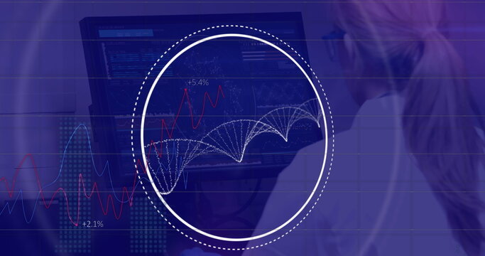 Image of data processing and dna strand over caucasian woman using computer