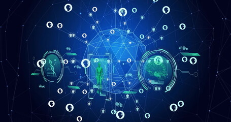 Image of globe with networks of connections, scientific data processing and ai icons