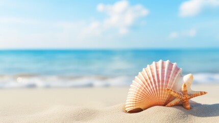 A shell on the sandy beach with a blurred background of blue sea and sky, providing space for text. The concept of a summer vacation. - obrazy, fototapety, plakaty
