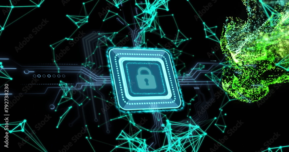 Poster image of padlock icon with computer circuit board over shapes on black background