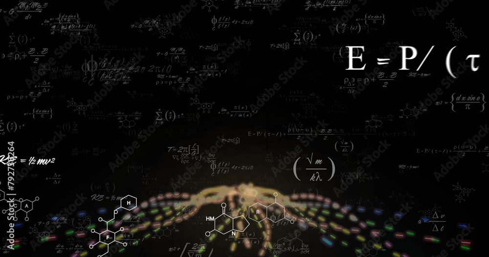 Poster image of mathematical data processing over light trails on black background