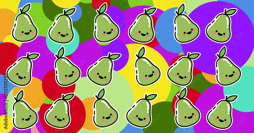 Poster image of smiling pears in rows over colourful spots