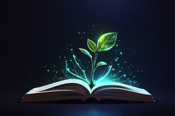 Glowing green sprout growing from an open book on dark background
