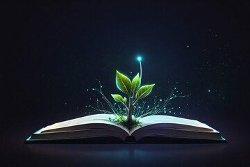 Glowing sprout coming out of an open book. Ecology concept