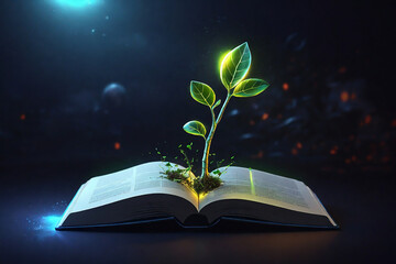 Green sprout growing from an open book. Concept of knowledge. 3D rendering
