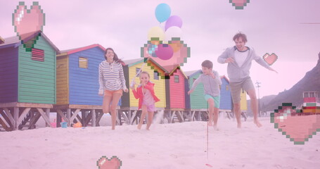 Image of heart icons over happy caucasian family running at beach - obrazy, fototapety, plakaty