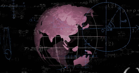 Image of mathematical data processing over globe on black background - obrazy, fototapety, plakaty