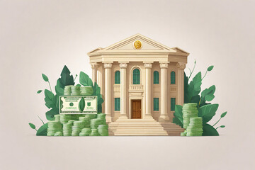 Bank building with dollar banknotes and green leaves. Vector illustration.