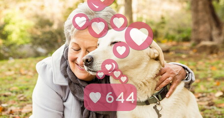 Image of social media icons with growing number over senior caucasian woman with her pet dog - obrazy, fototapety, plakaty