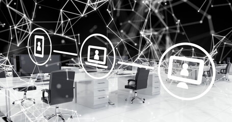 Image of technology icons and connections over office desks - obrazy, fototapety, plakaty