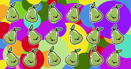Image of smiling pears in rows over colourful spots - obrazy, fototapety, plakaty