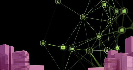 Image of digital network of connections with icons over pink 3d cityscape model