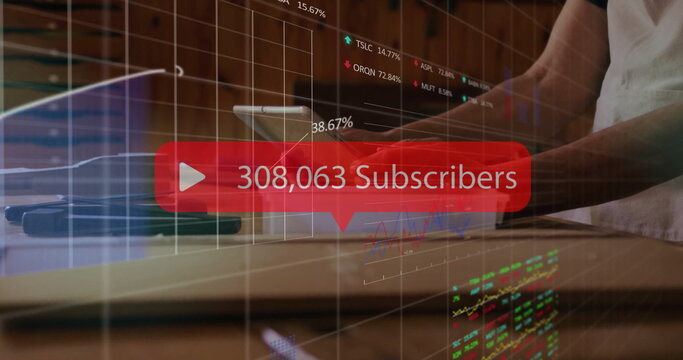 Image of subscriber text with numbers, woman using smartphone and financial data processing