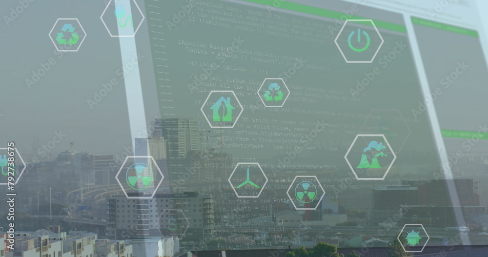Poster image of data processing and icons over cityscape