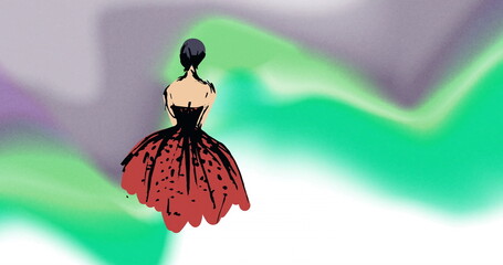 Image of fashion drawing of woman's dress on grey and green background