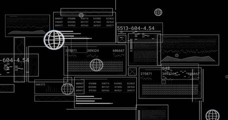 Image of globe icons over data processing on black background