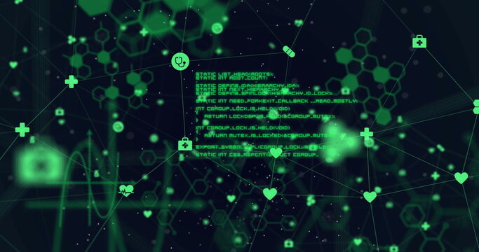 Image of network of connections with icons, chemical compounds and data processing