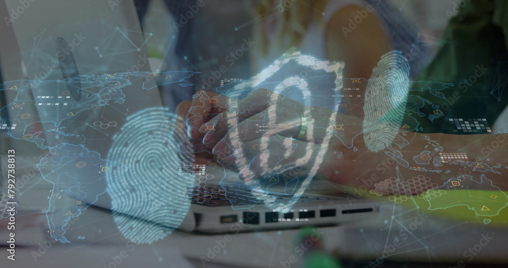 Poster Image of shapes, padlock and fingerprint over diverse business people using laptops in office