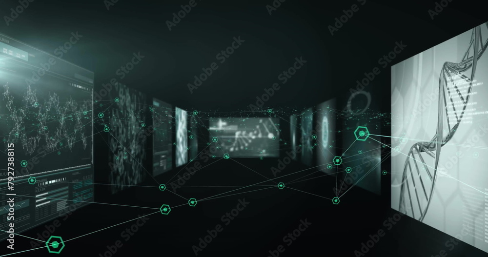 Aufkleber image of data processing over screens with graphs, networks and dna on black background