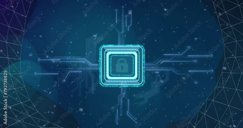 Poster image of padlock icon with computer circuit board over snow and shapes on black background