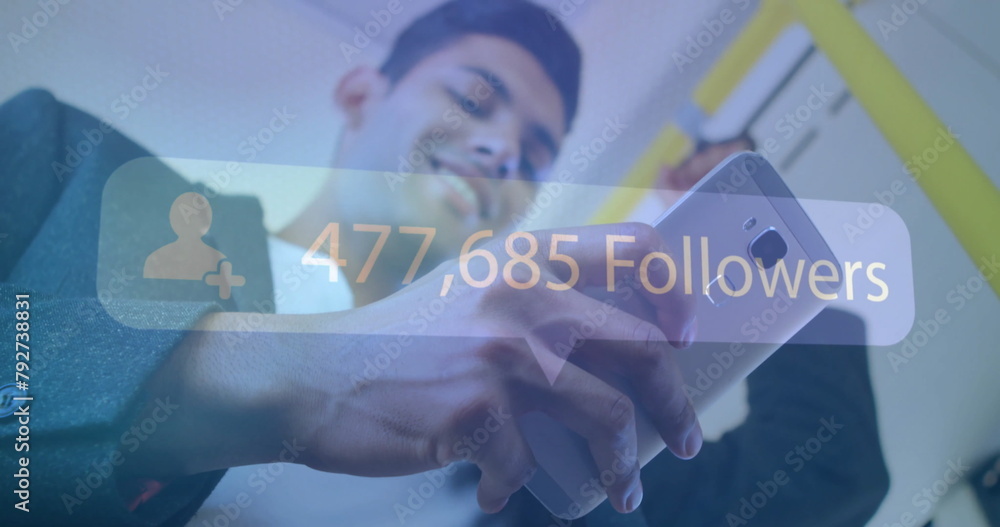 Aufkleber image of followers text with growing number over biracial man using smartphone