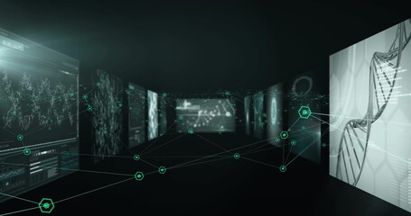 Image of data processing over screens with graphs, networks and dna on black background
